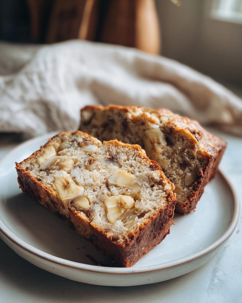 Two moist slices of hawaiian banana bread, rich with visible banana chunks, served on a light-colored plate.