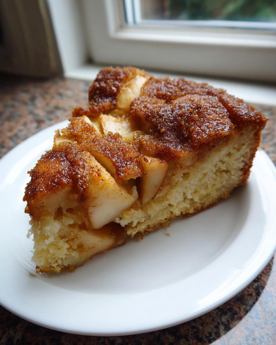 A close-up slice of moist jewish apple cake featuring tender apple pieces and a sugary, cinnamon-browned top.