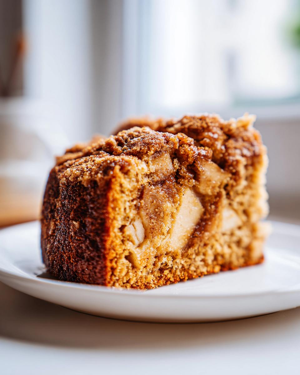Close-up of a moist slice of jewish apple cake featuring visible apple chunks and a cinnamon crumble topping.