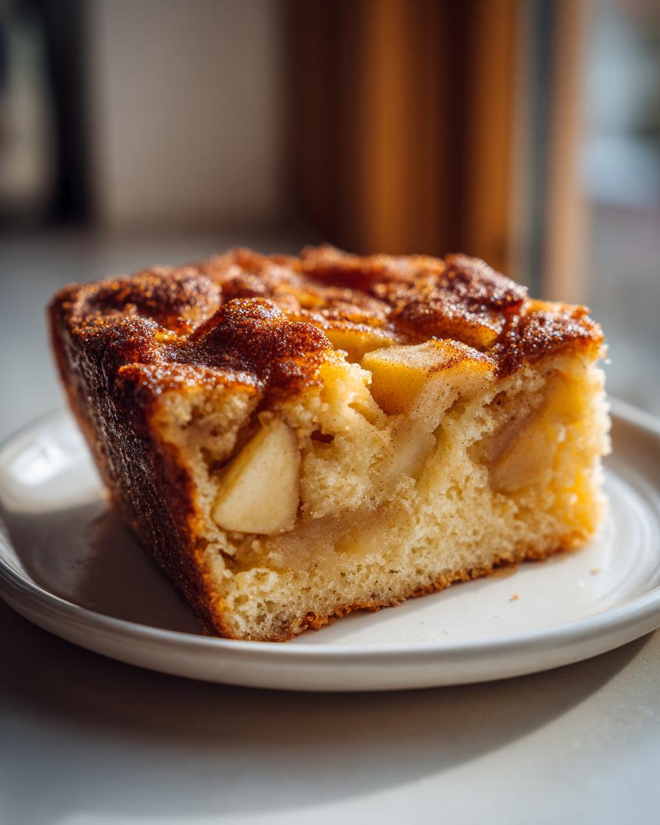 Close-up of a moist slice of jewish apple cake showing tender crumb and baked apple pieces.