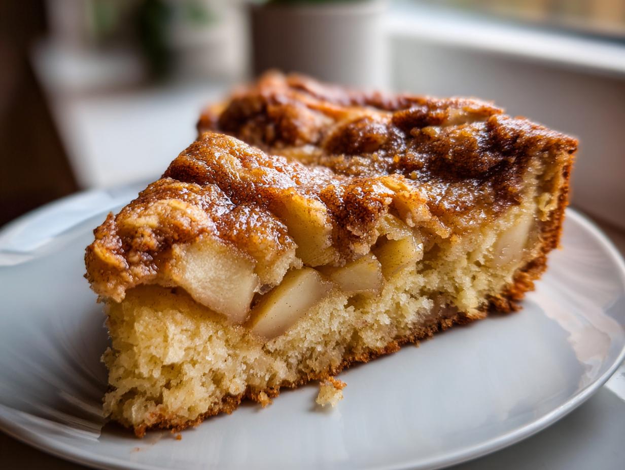 Close-up of a moist slice of jewish apple cake showing tender crumb and caramelized apple topping.