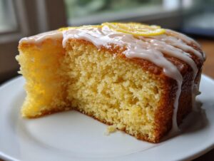 Close-up of a moist slice of lemon cake recipe topped with white glaze and candied lemon slices.