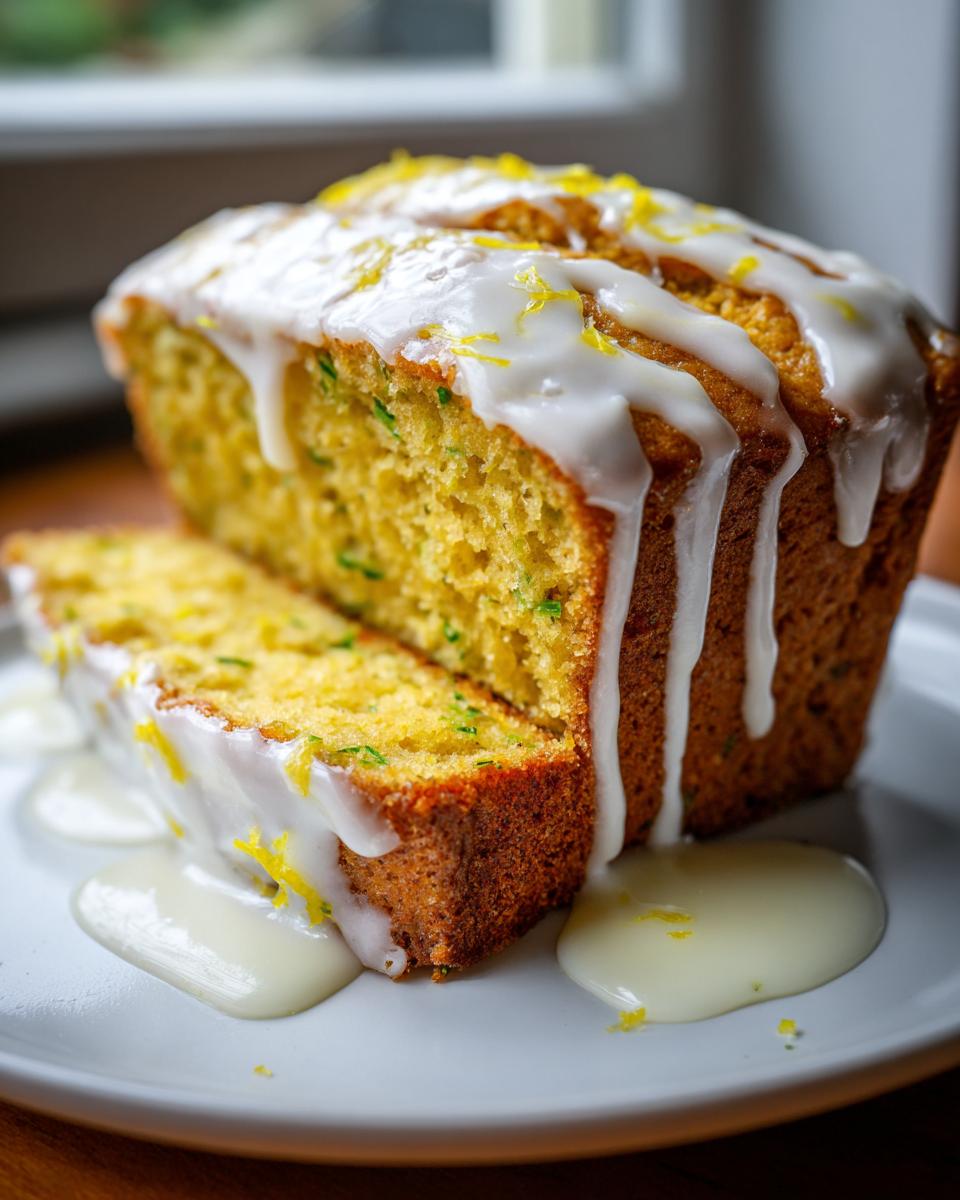 A close-up of moist lemon zucchini bread, drizzled heavily with white glaze and topped with lemon zest.