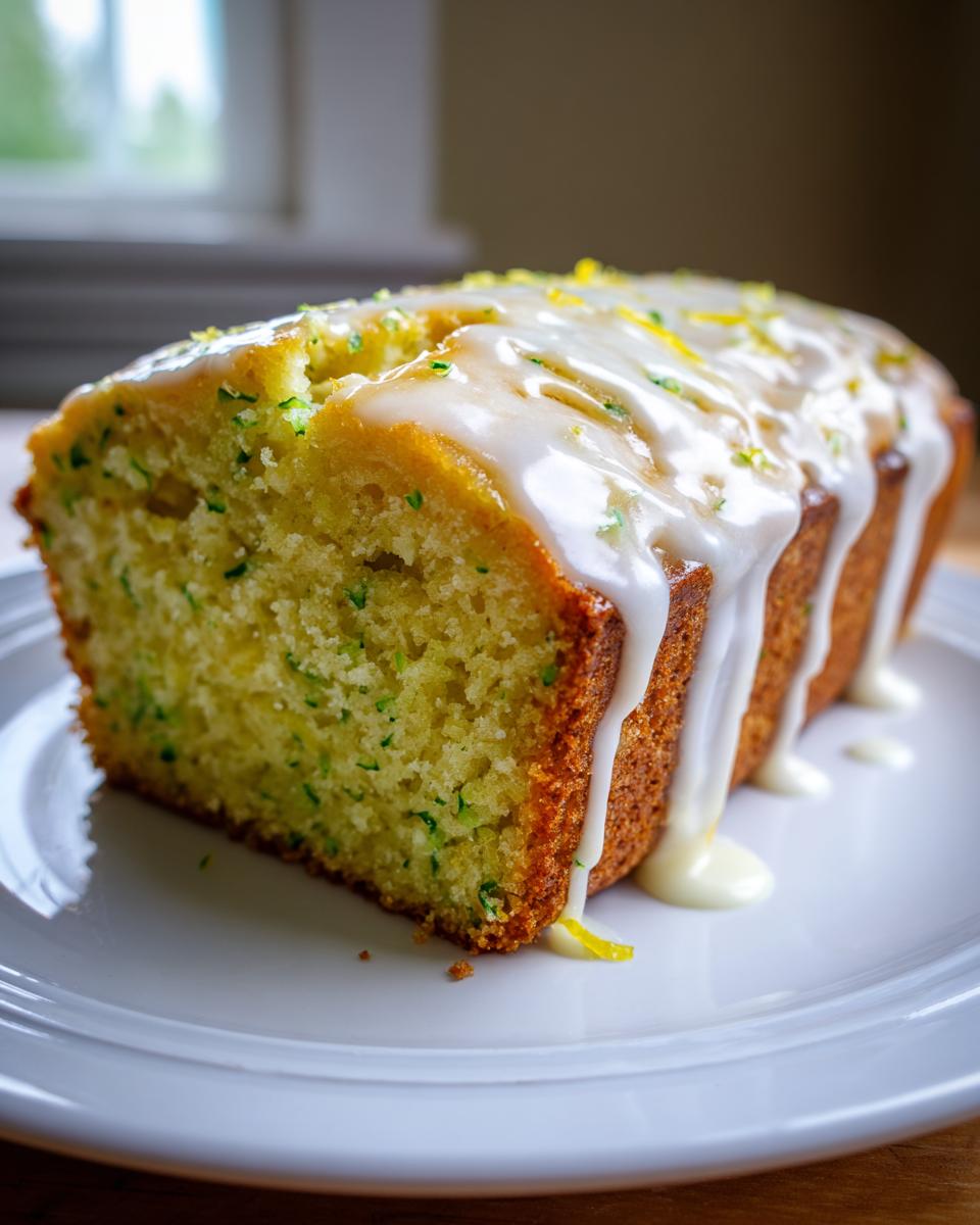 A close-up of a slice of moist lemon zucchini bread topped with thick white glaze and lemon zest.