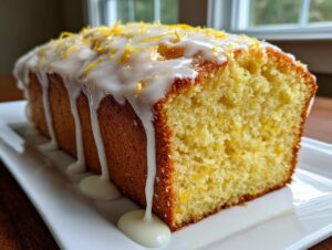 A close-up of a loaf of super moist lemon zucchini bread topped with thick white glaze and lemon zest.