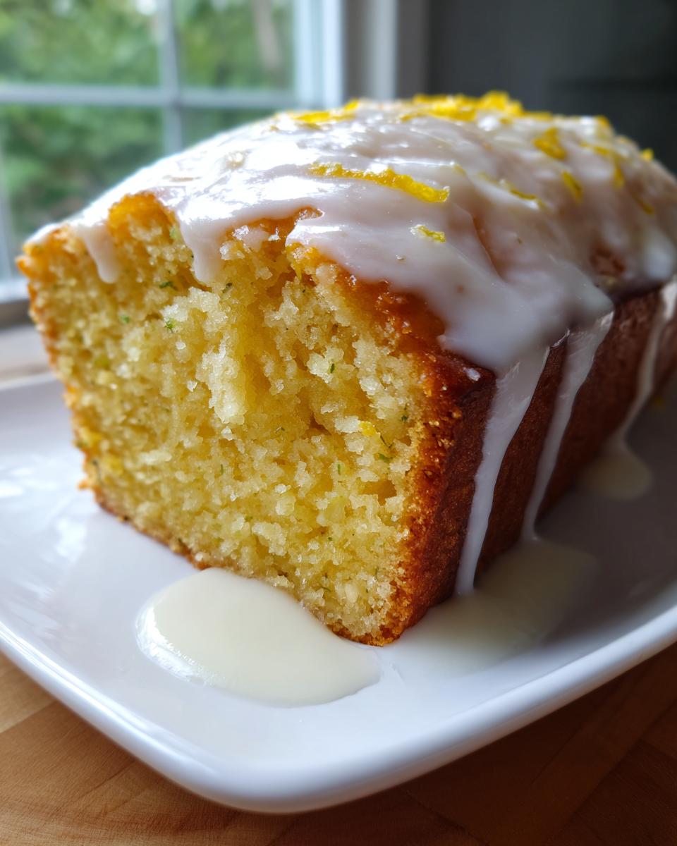 Close-up of a moist slice of lemon zucchini bread topped with white glaze and lemon zest.