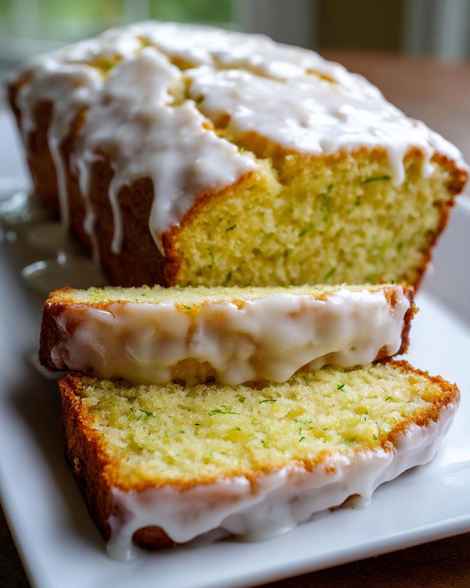 Close-up of sliced lemon zucchini bread topped with a thick, dripping lemon glaze.