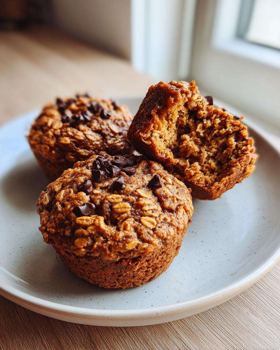 Three moist oatmeal muffins topped with chocolate chips, one broken open to show the texture.