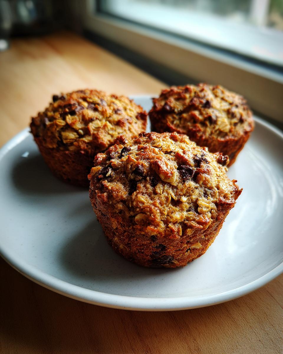 Three freshly baked, moist oatmeal muffins studded with chocolate chips resting on a light blue plate.