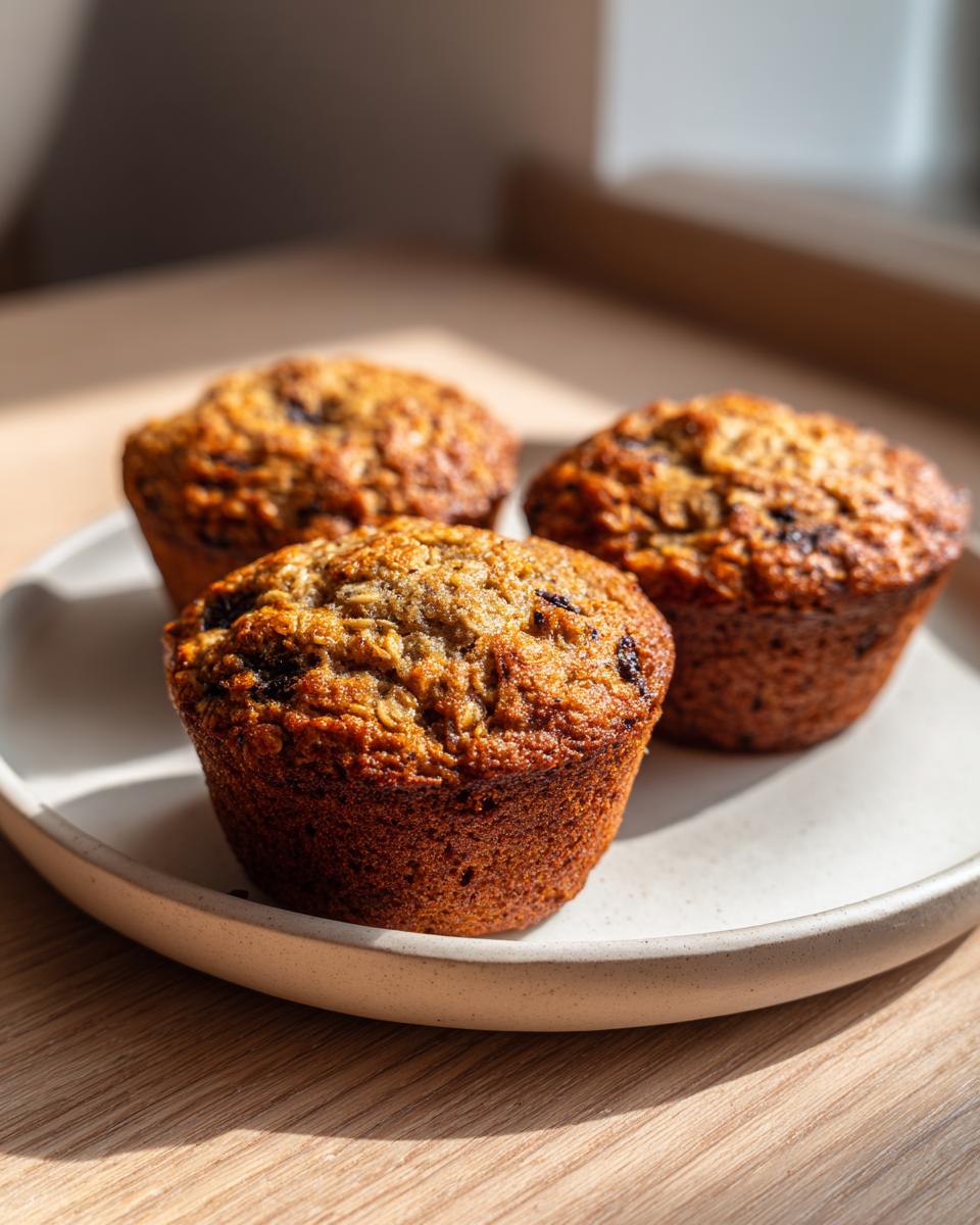 Three golden brown, moist oatmeal muffins sitting on a light ceramic plate in bright sunlight.