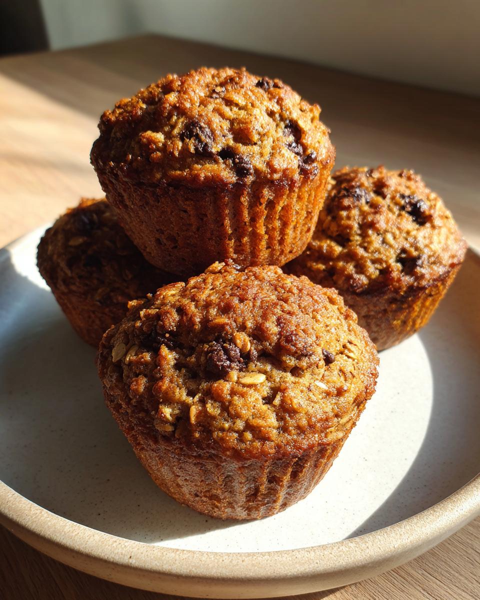Four freshly baked, moist oatmeal muffins stacked on a light-colored plate, catching bright sunlight.