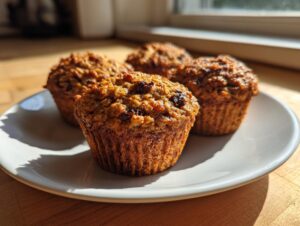 Four freshly baked, moist oatmeal muffins with visible oats and raisins, sitting on a white plate in bright sunlight.