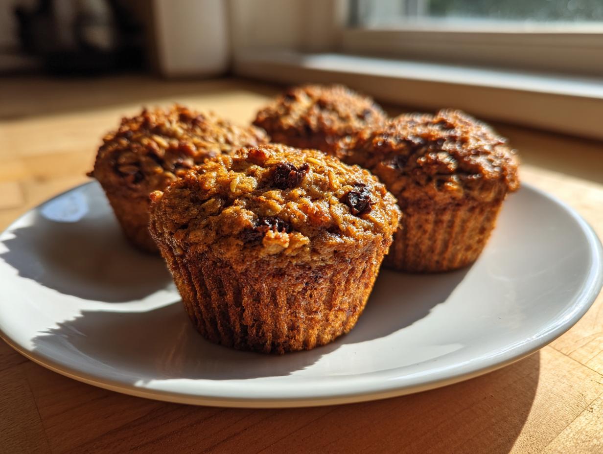 Four freshly baked, moist oatmeal muffins with visible oats and raisins, sitting on a white plate in bright sunlight.