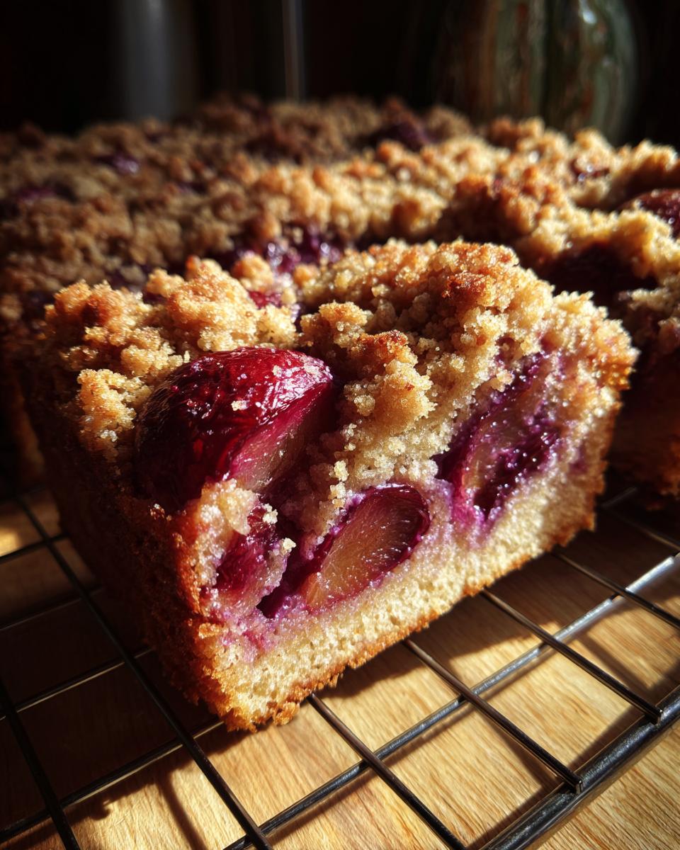 Close-up of a moist slice of plum cake featuring baked plums and a golden streusel topping, resting on a cooling rack.