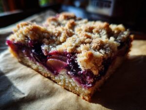 Close-up of a moist slice of easy plum cake featuring rich purple fruit filling and a golden crumble topping.