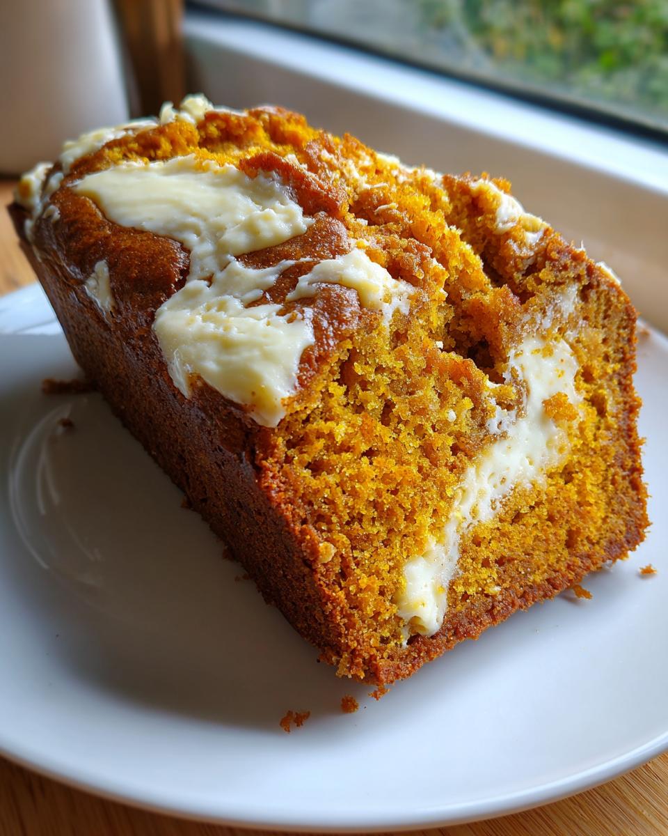 A close-up of a slice of rich orange pumpkin cream cheese bread with a visible cream cheese swirl.