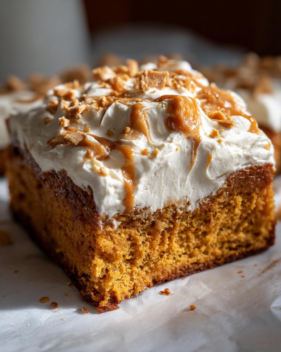 Close-up of a moist slice of pumpkin poke cake topped with whipped cream, caramel drizzle, and toffee bits.