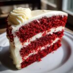 A perfect slice of moist red velvet cake showing three vibrant red layers separated by thick white cream cheese frosting.