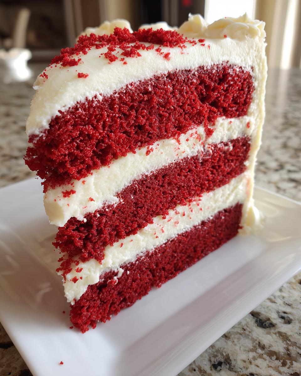 Close-up of a tall slice of moist red velvet cake layered with white cream cheese frosting.