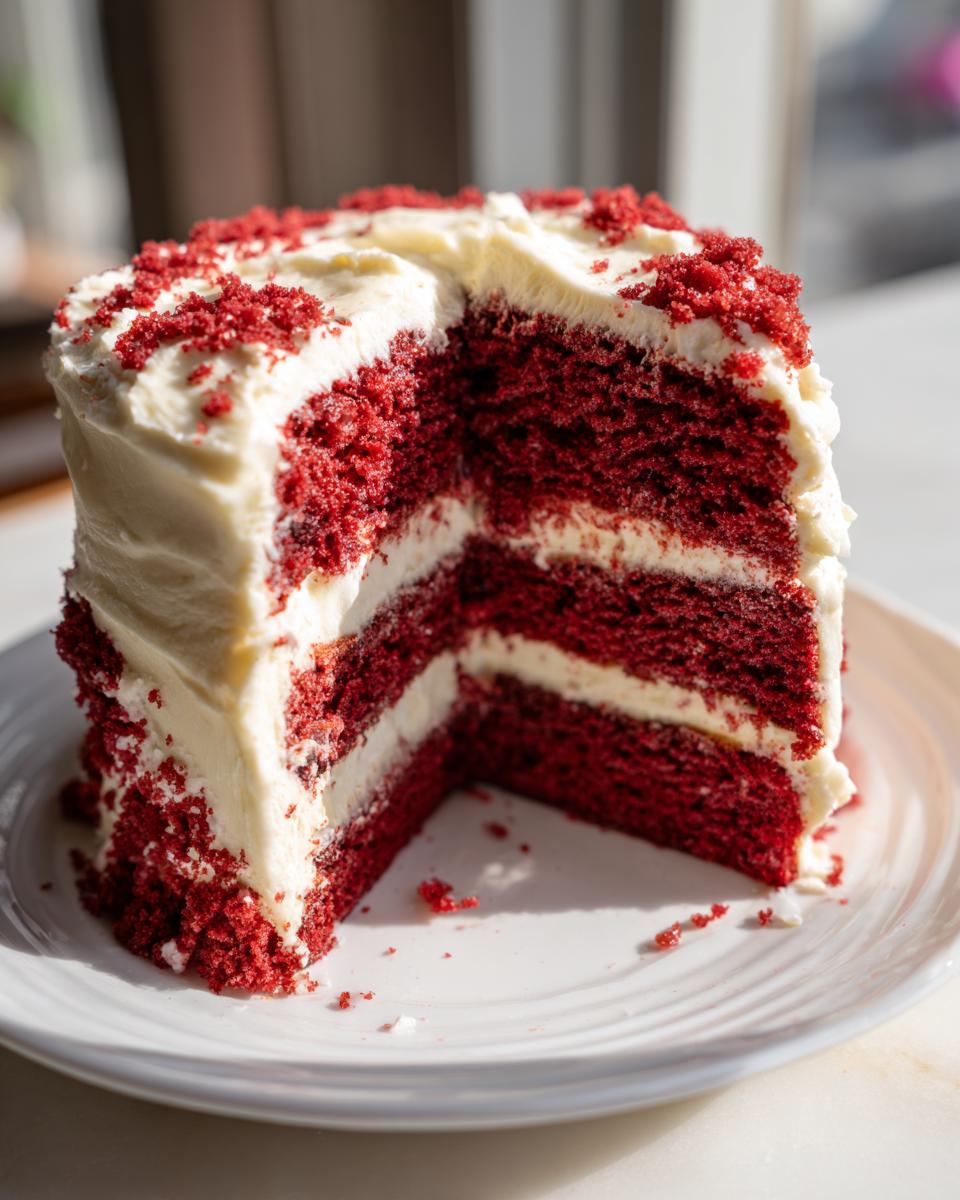 A tall slice of moist red velvet cake with thick layers of white cream cheese frosting and red crumbs.
