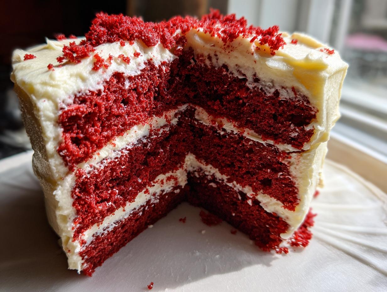 Close-up of a moist red velvet cake slice showing three layers of deep red cake and white cream cheese frosting.