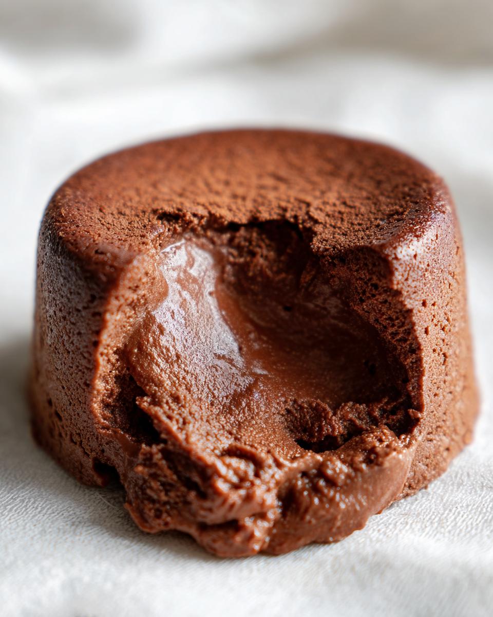 A close-up view of a rich, individual chocolate pudding with a molten center, dusted with cocoa powder.