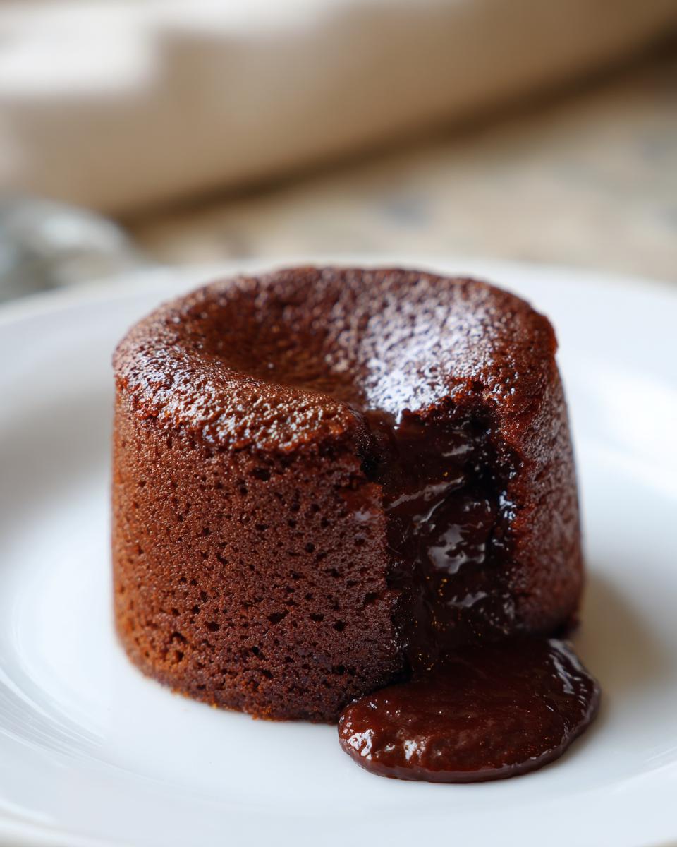 A single serving of molten chocolate pudding cake with rich, gooey center spilling onto a white plate.