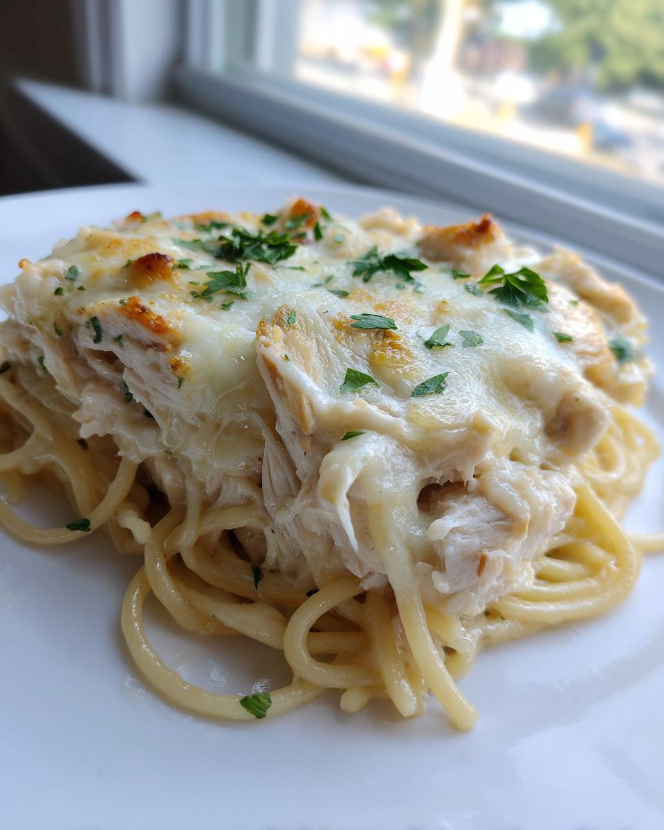 A close-up serving of creamy Monterey chicken spaghetti topped with melted white cheese and fresh parsley.