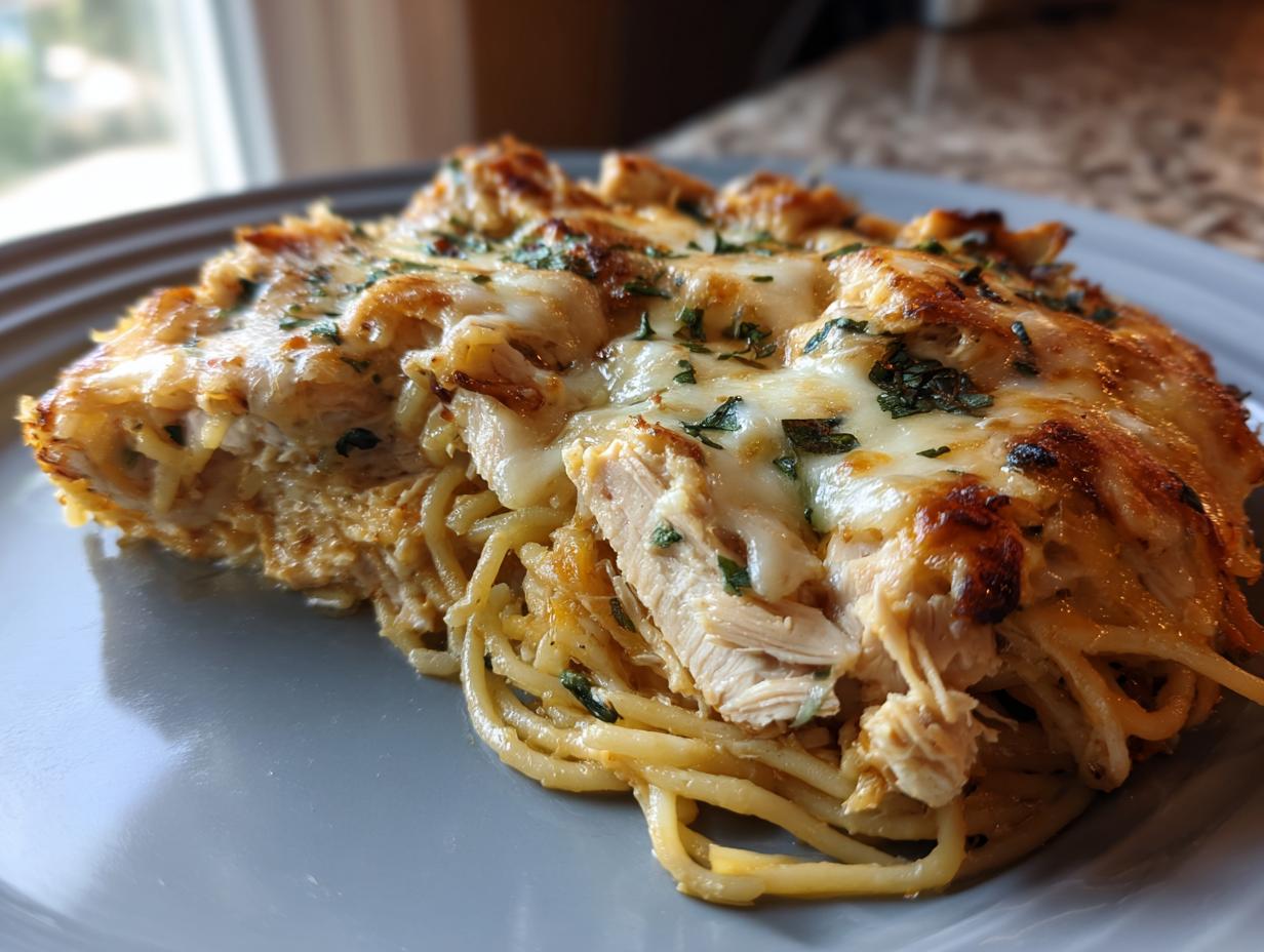 A generous slice of baked Monterey chicken spaghetti topped with melted, browned cheese and parsley.