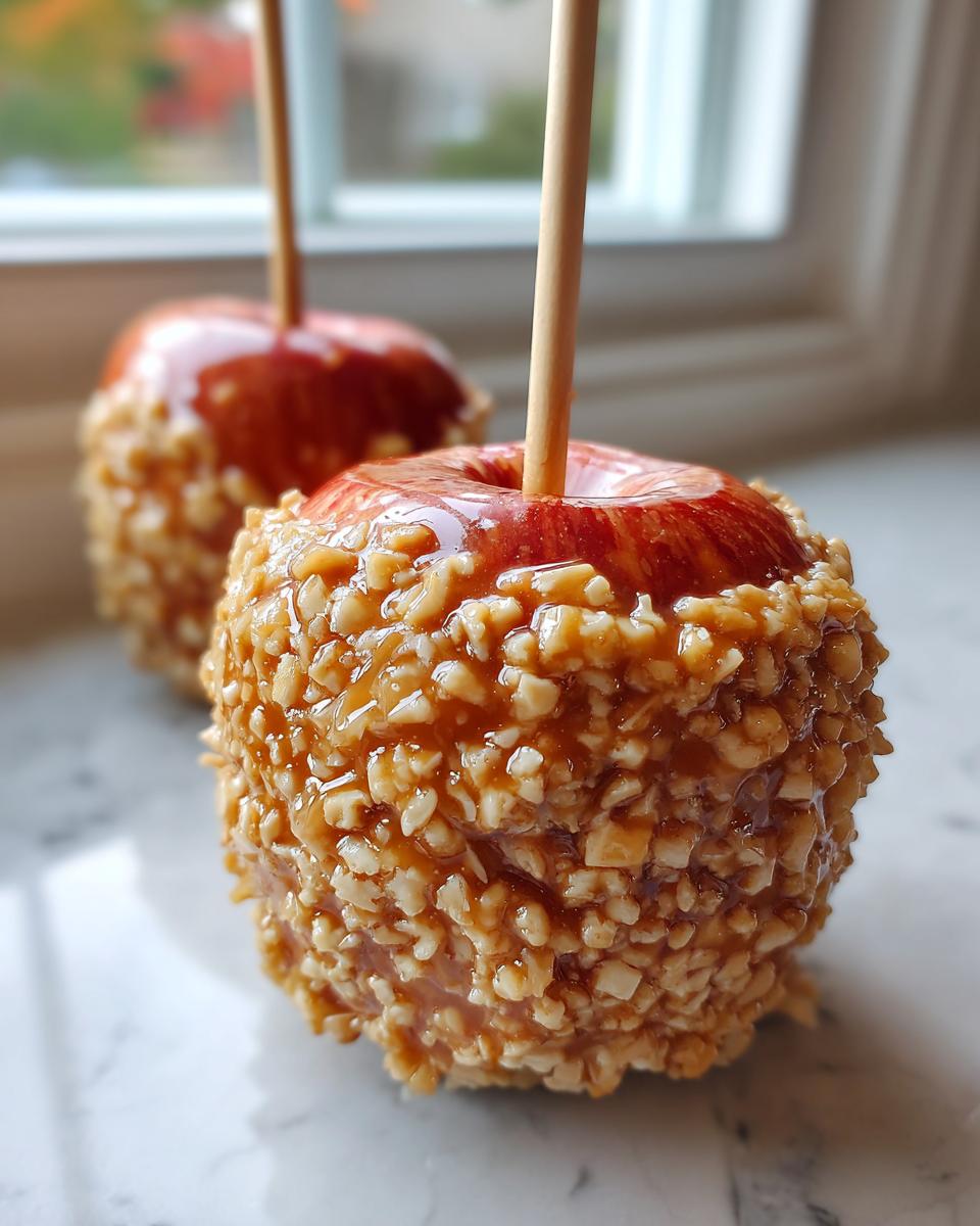 A close-up of a glossy caramel apple completely covered in chopped nuts, held by a wooden stick.