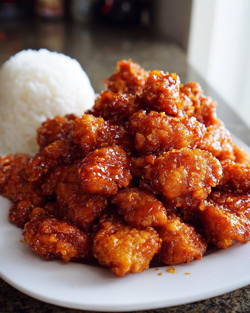 A generous serving of sticky, glazed orange chicken piled high next to a scoop of white rice.