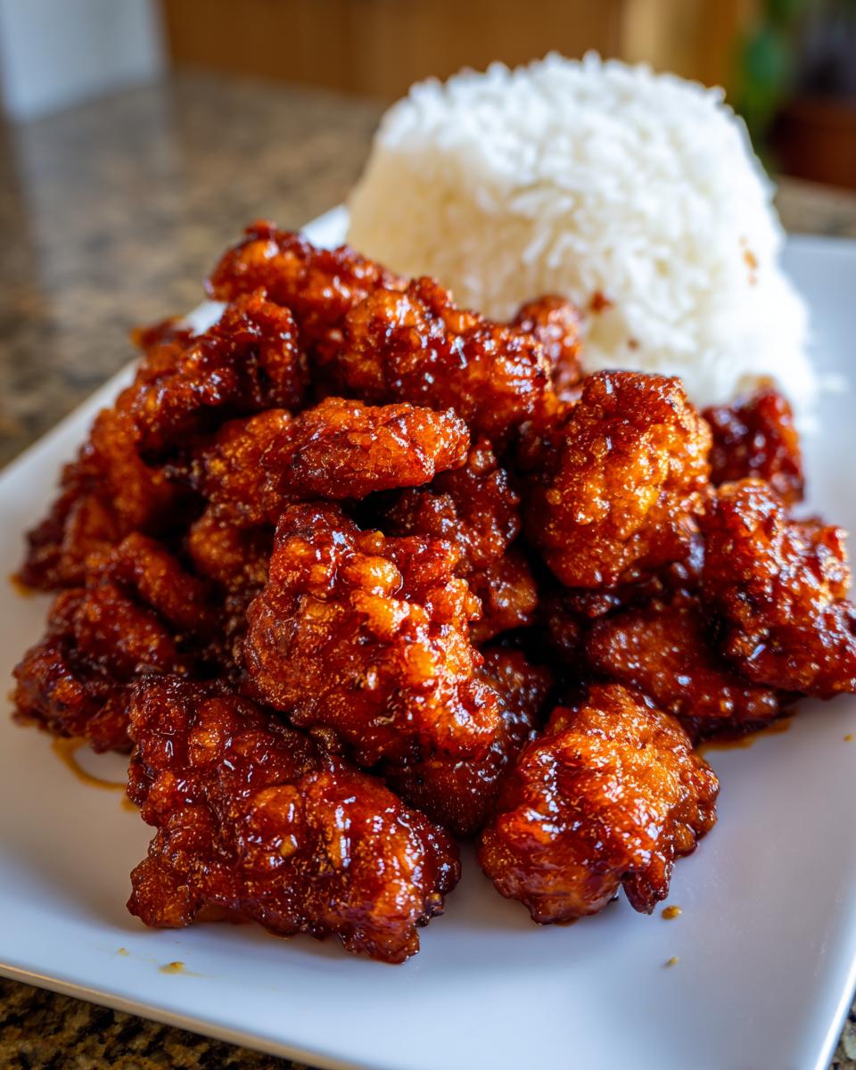 Close-up of crispy, glazed pieces of orange chicken recipe served next to a mound of fluffy white rice on a white plate.