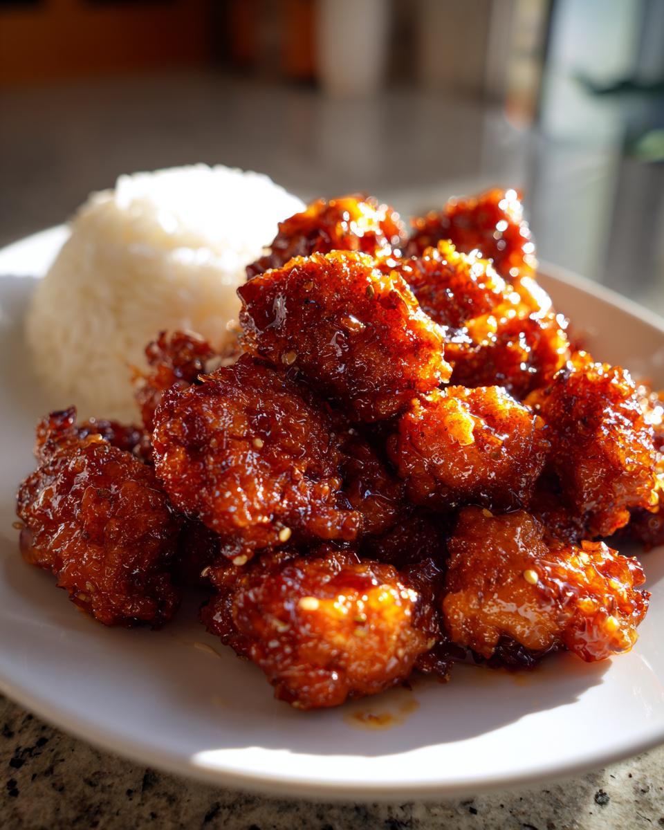 Close-up of crispy, glazed orange chicken recipe pieces served next to a mound of white rice on a white plate.
