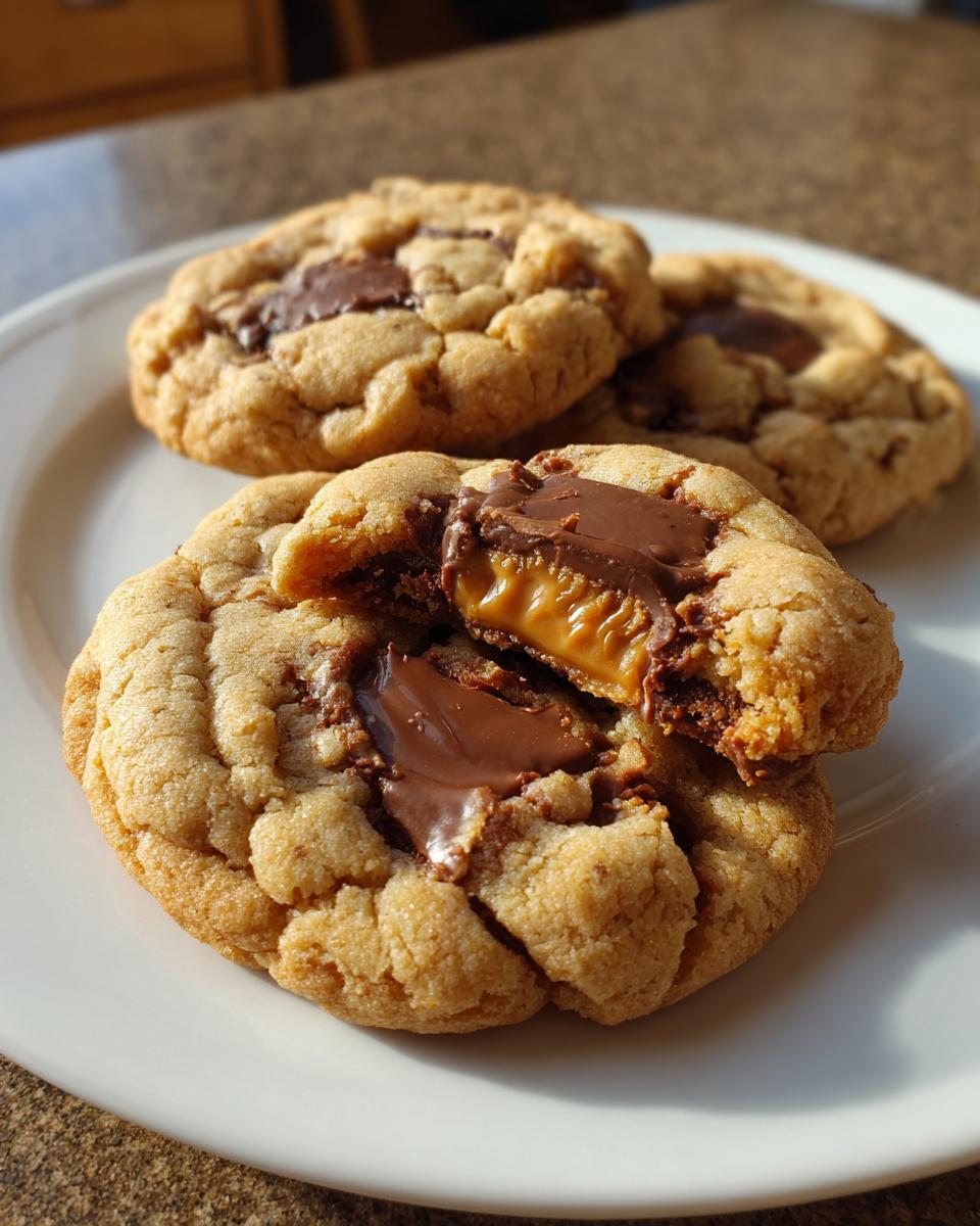 Close-up of peanut butter cup cookies, one broken open revealing melted chocolate and gooey caramel filling.