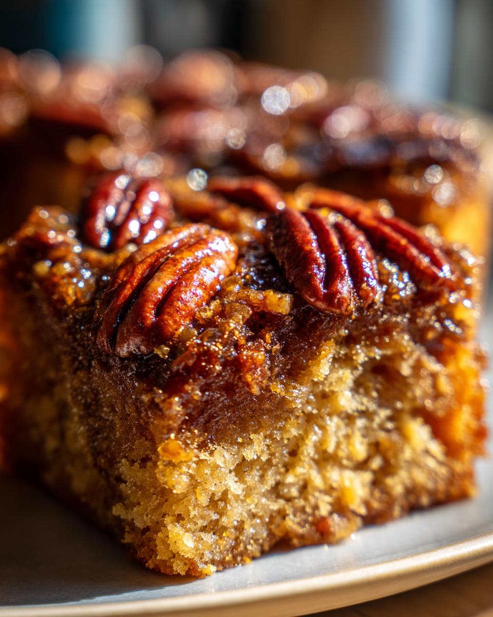 A close-up, macro shot of a moist slice of pecan upside down cake topped with glossy, caramelized pecans.