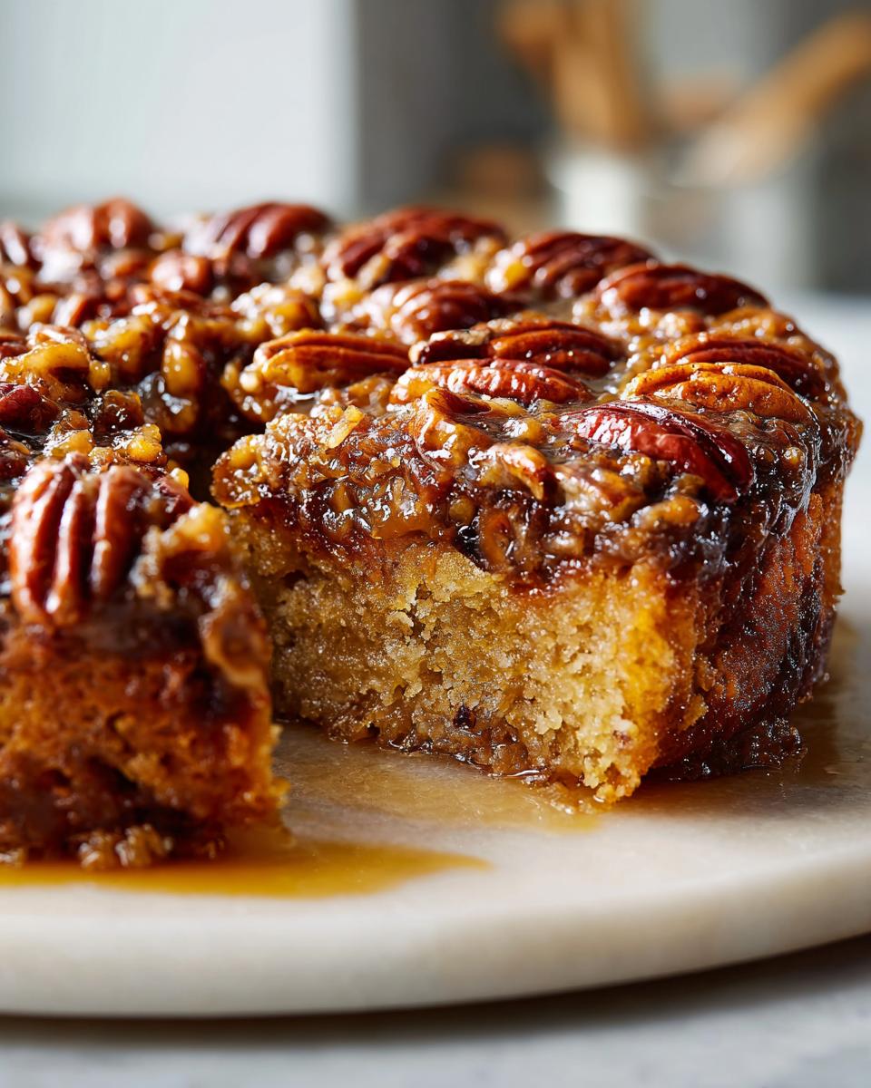 Close-up of a slice removed from a rich pecan upside down cake showing the moist crumb and gooey caramel pecan topping.
