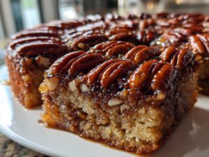Close-up of a moist slice of pecan upside down cake showing the sticky, glazed pecan topping.