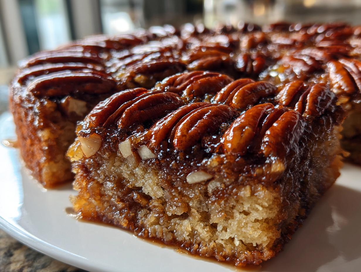 Close-up of a moist slice of pecan upside down cake showing the sticky, glazed pecan topping.