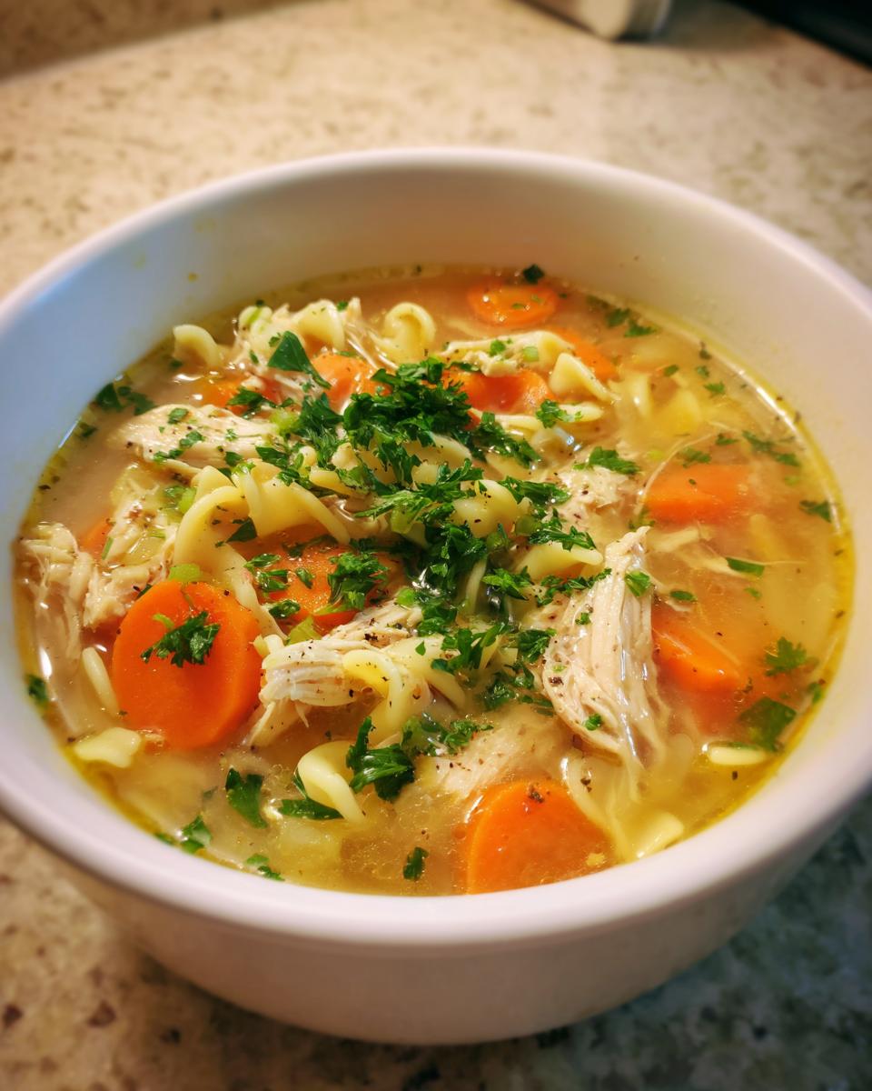 Close-up of a white bowl filled with homemade penicillin soup, featuring shredded chicken, egg noodles, and sliced carrots, topped with fresh parsley.