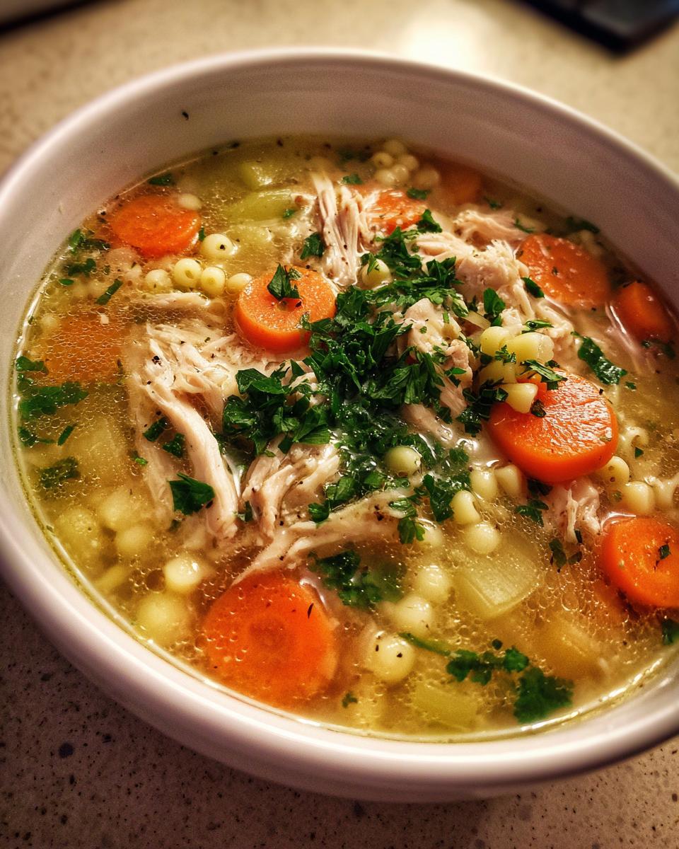 Close-up of a white bowl filled with warm penicillin soup featuring shredded chicken, sliced carrots, small pasta, and fresh parsley.