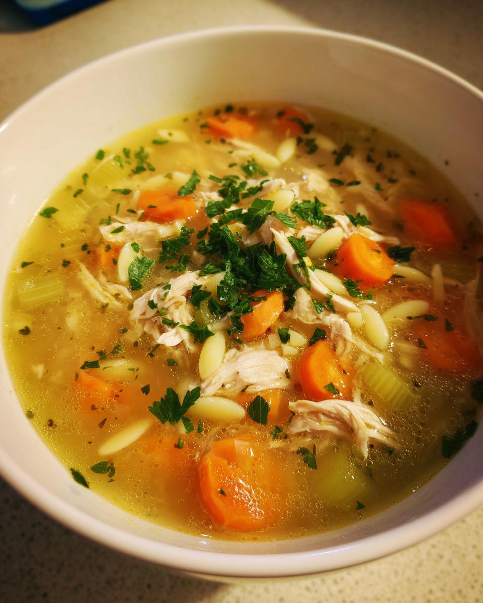 Close-up of a steaming bowl of penicillin soup featuring shredded chicken, bright orange carrots, orzo pasta, and fresh parsley.