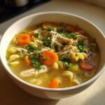 Close-up of a white bowl filled with hot penicillin soup featuring shredded chicken, sliced carrots, pasta, and fresh parsley.