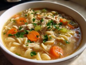 A close-up shot of a white bowl filled with steaming penicillin soup, featuring shredded chicken, sliced carrots, celery, and egg noodles.