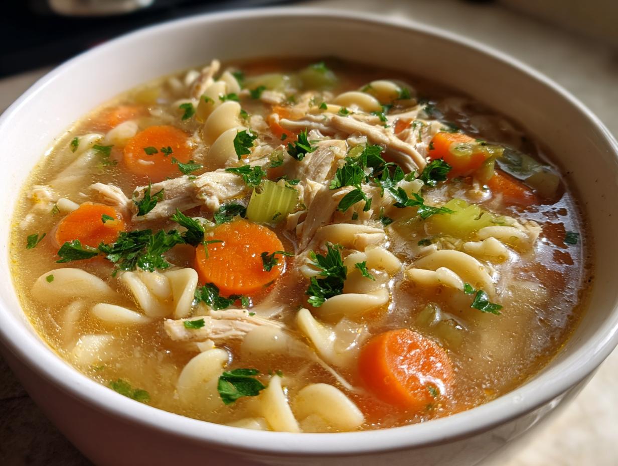 A close-up shot of a white bowl filled with steaming penicillin soup, featuring shredded chicken, sliced carrots, celery, and egg noodles.