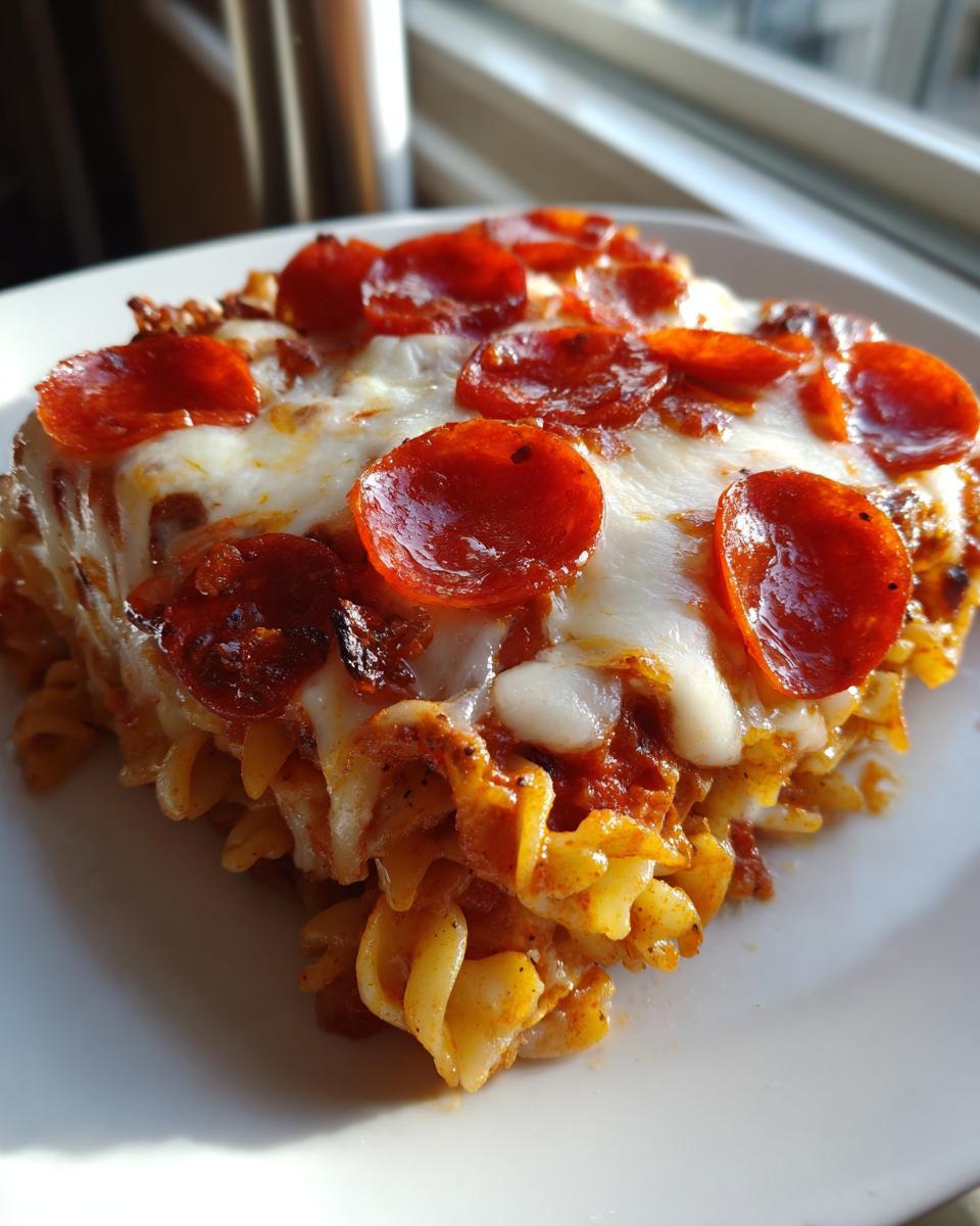 Close-up of a square serving of hot pizza pasta bake topped with melted mozzarella and pepperoni slices.