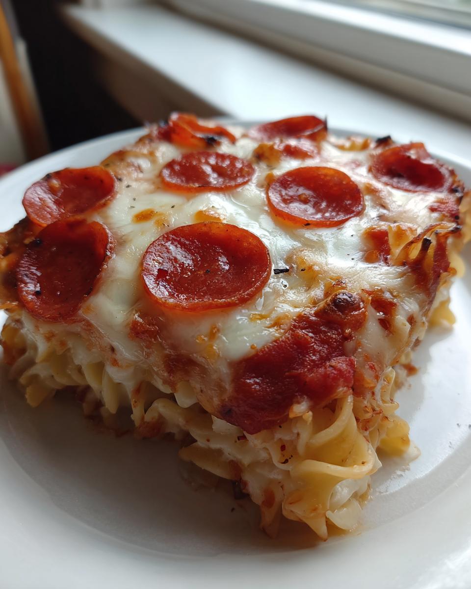A close-up of a square serving of pizza pasta bake topped with melted mozzarella and pepperoni slices.