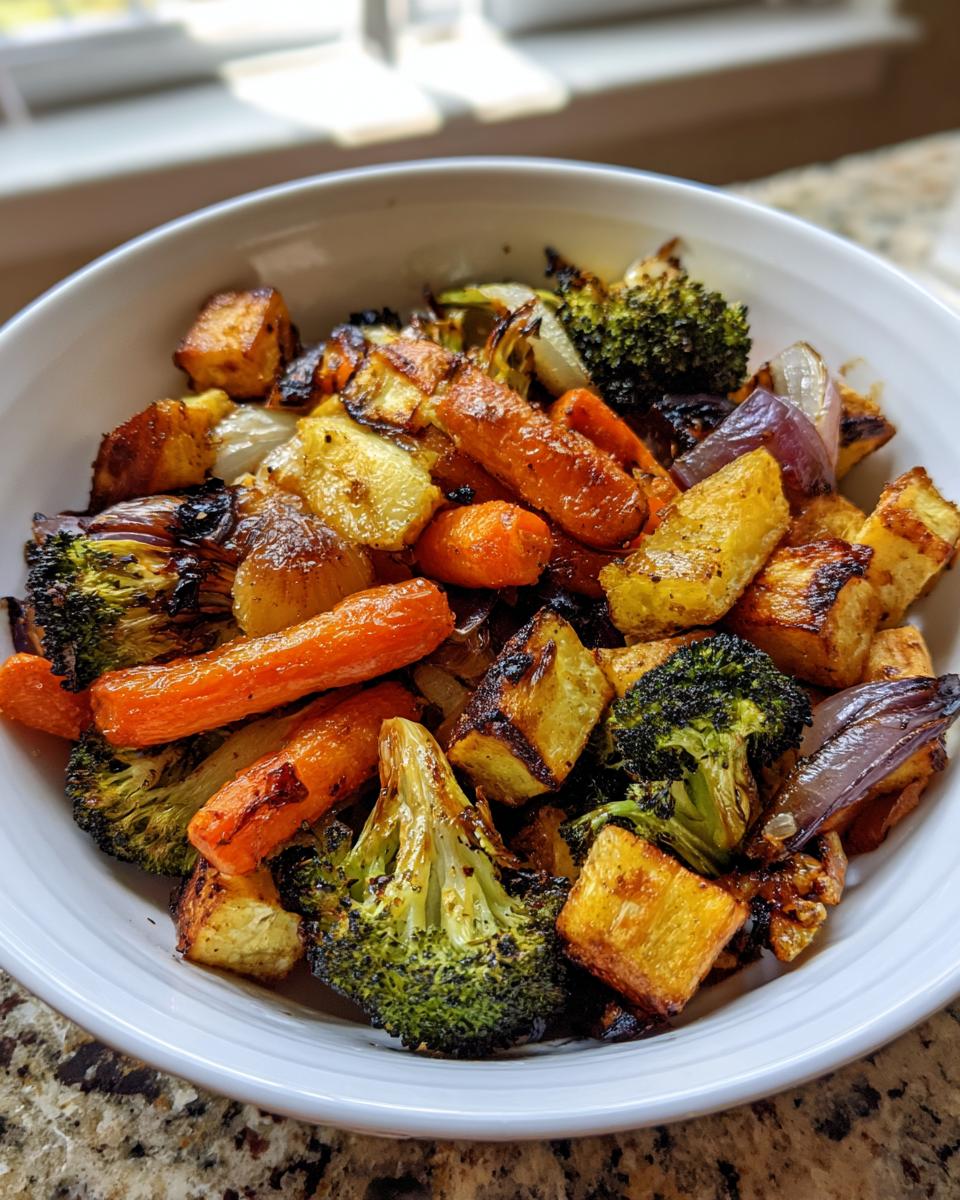 A white bowl filled with perfectly caramelized roasted vegetables, including carrots, broccoli, potatoes, and onions.