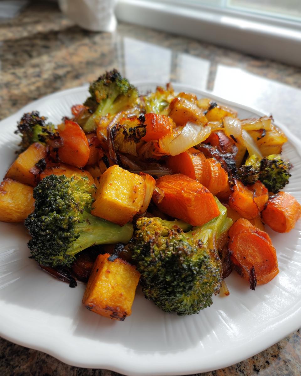 A close-up of perfectly caramelized roasted vegetables, including broccoli, carrots, and potatoes, served on a white plate.