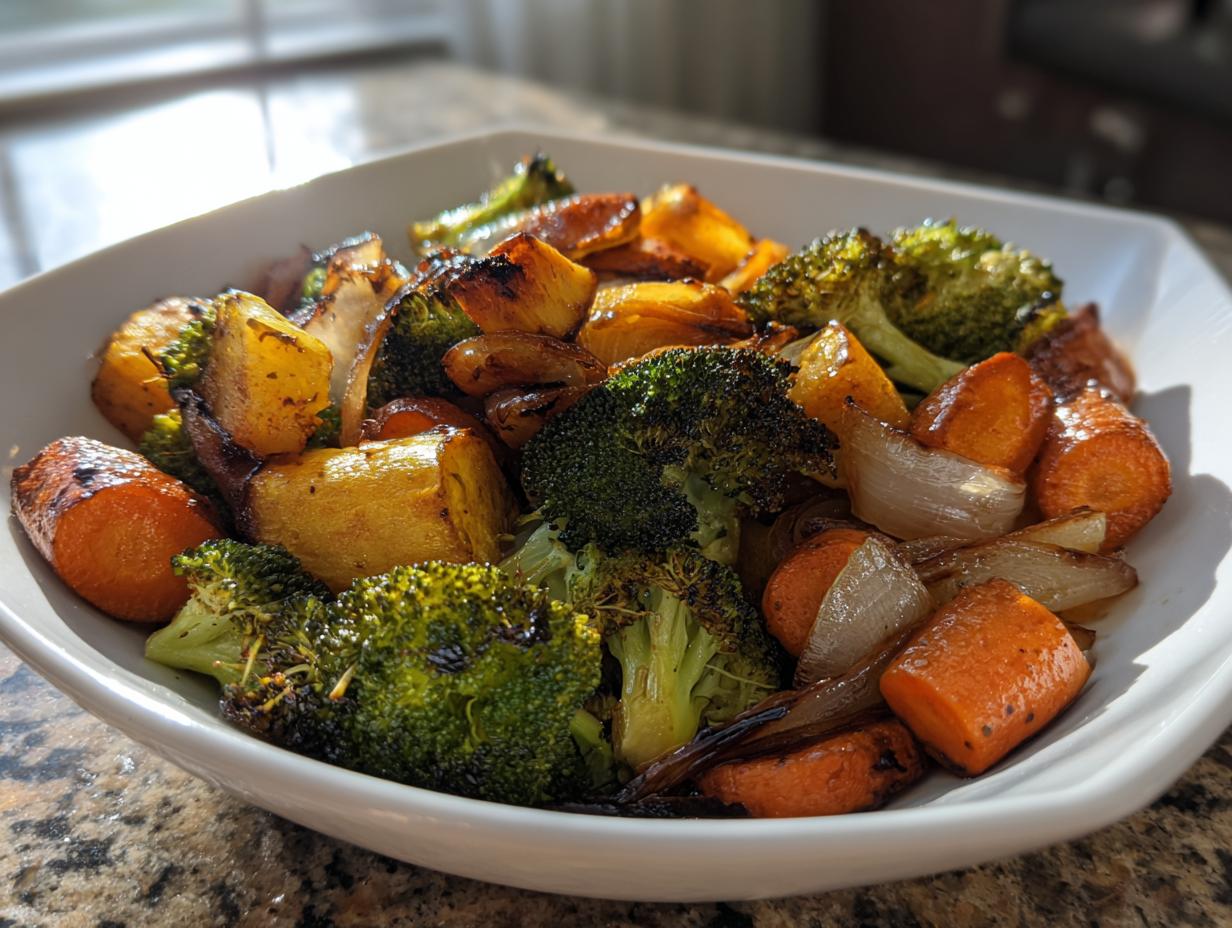 A close-up of perfectly caramelized roasted vegetables, including carrots, broccoli, and onions, served in a white bowl.