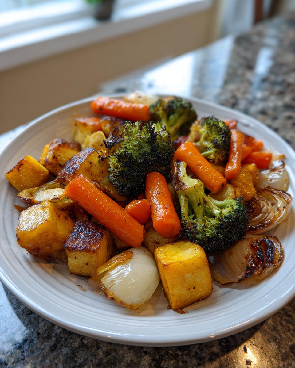 A white plate filled with perfectly caramelized roasted vegetables, including carrots, broccoli, onions, and golden potatoes.